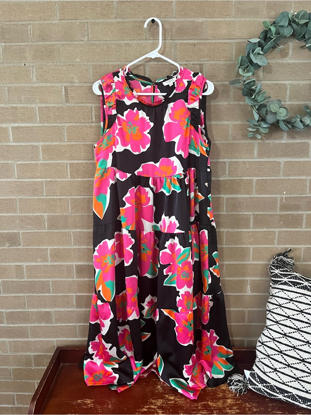 Umgee Black Midi Dress with Hot Pink Floral Print - Picture 2 of 4
